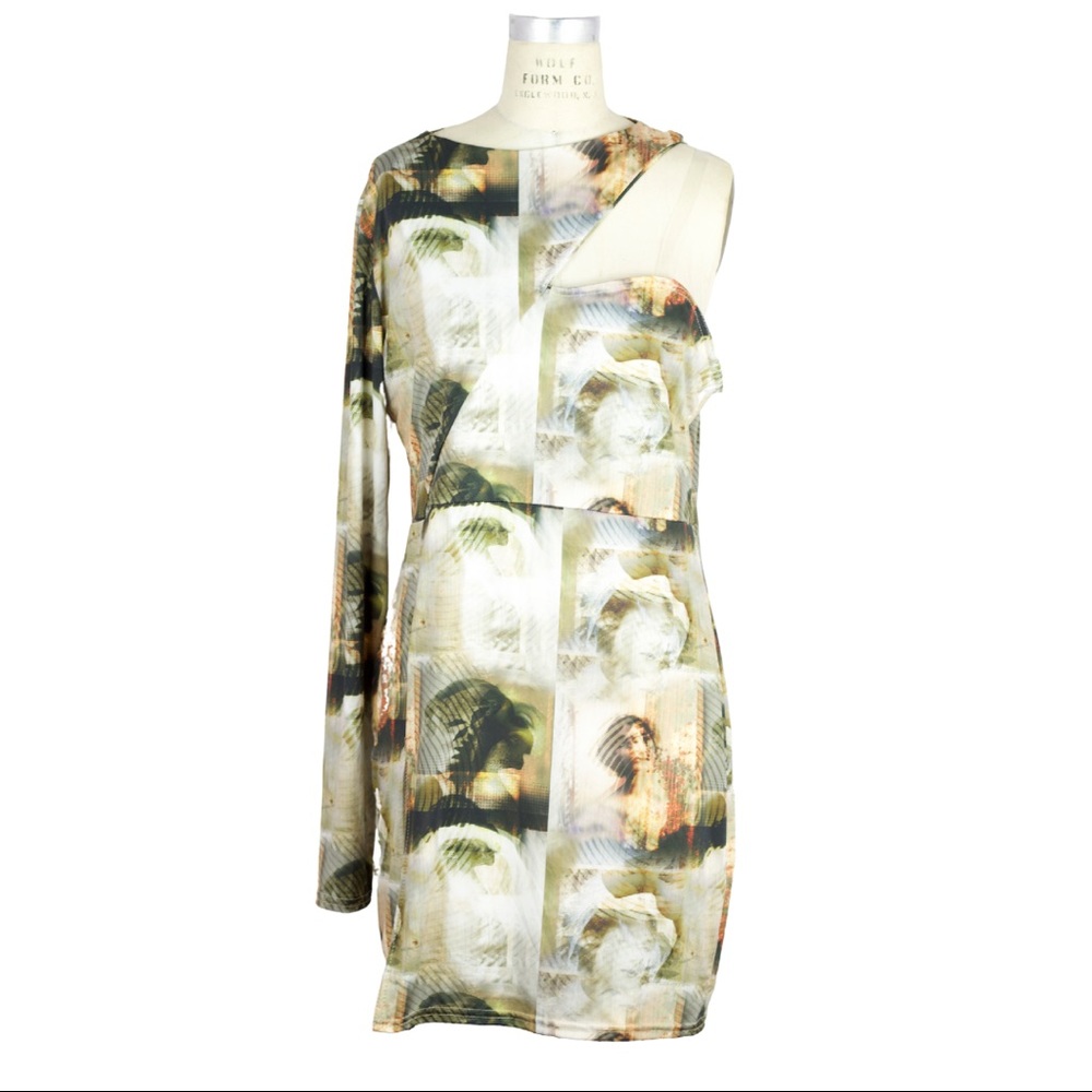 PrettyLittleThing one long sleeve shoulder Mini Dress (Size 12)